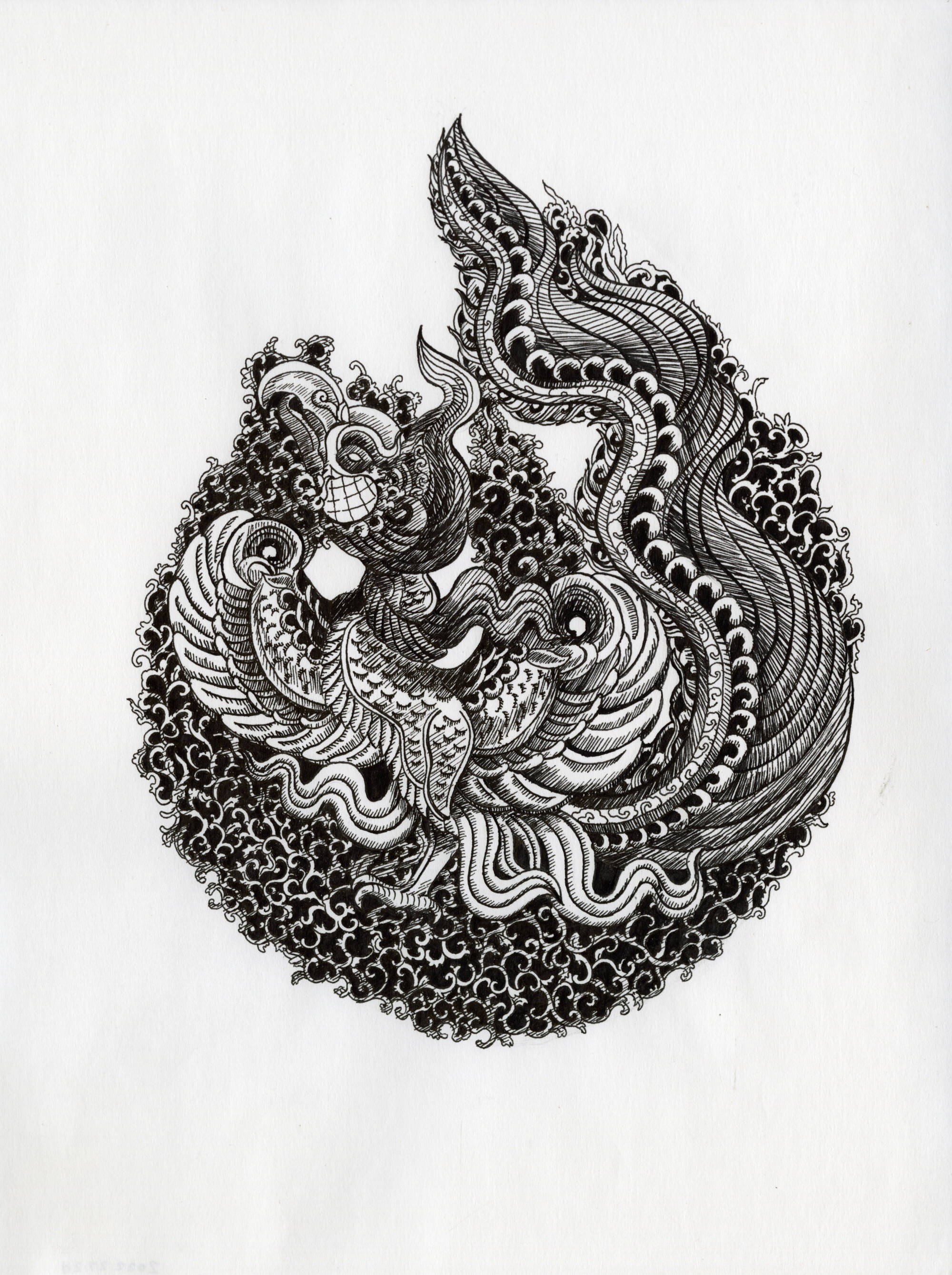 A pen and ink drawing of a phoenix. The bird is surrounded by clouds and flames.